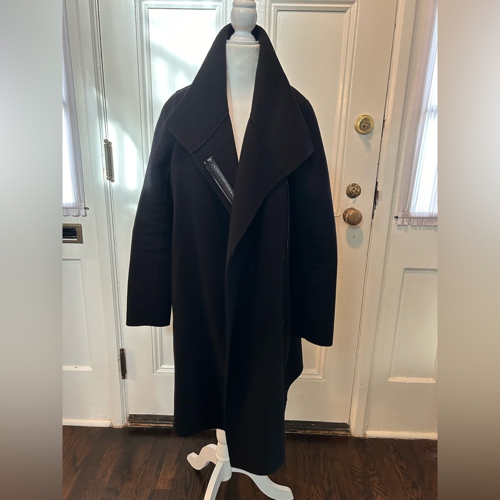 Vince black wool coat with leather arm patches